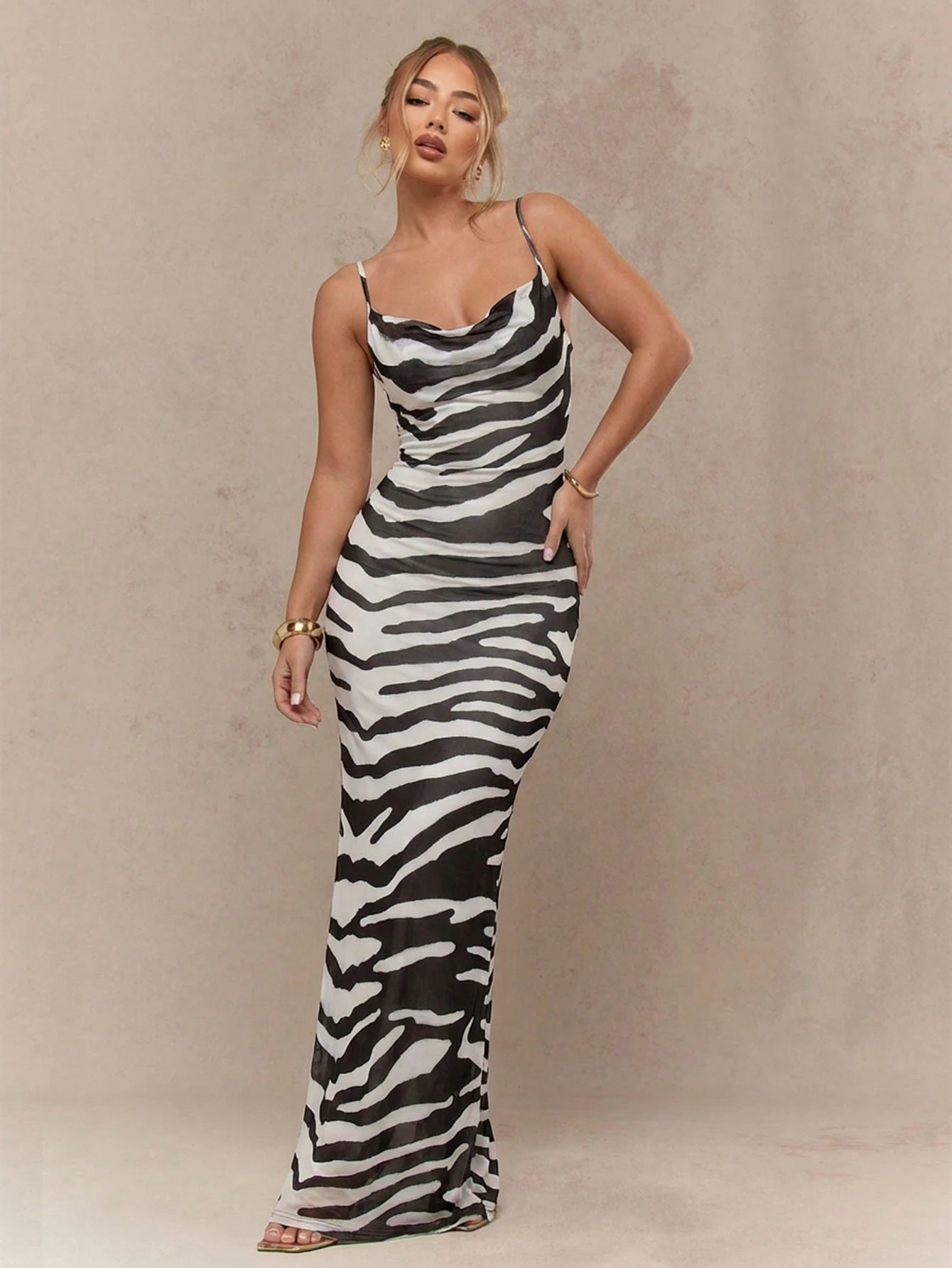 Misyshop Zebra Print Cowl Neck Maxi Dress